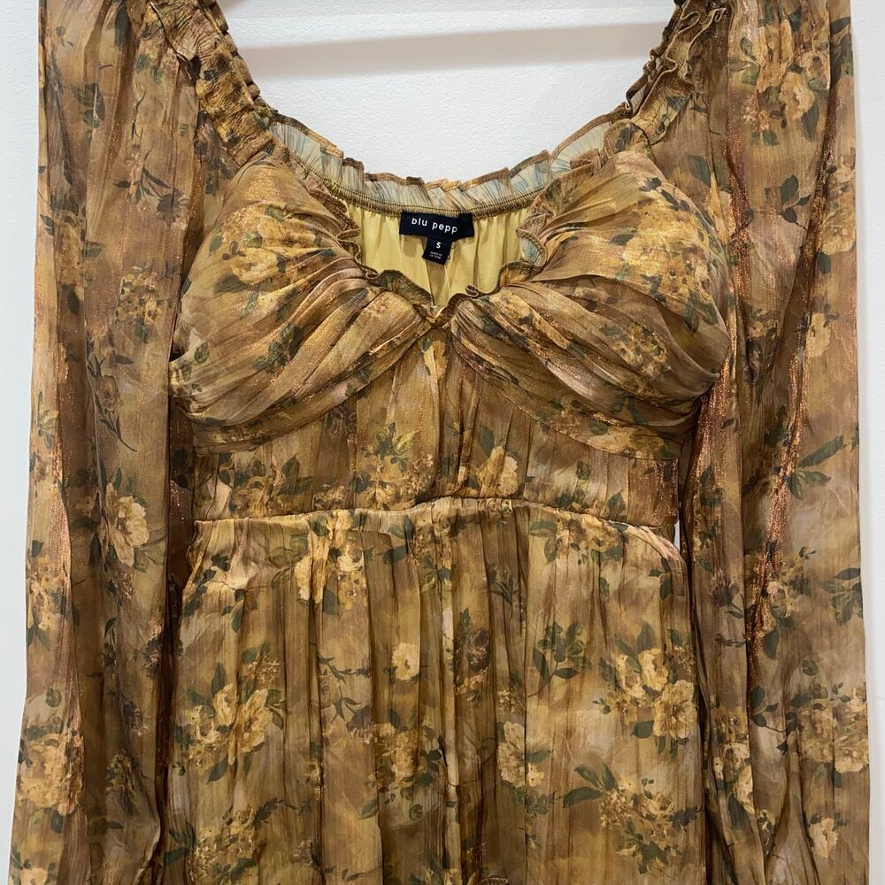 NWT Blu Pepper, Small Brown Floral Dress with Sheer Long Sleeves - Picture 4 of 8